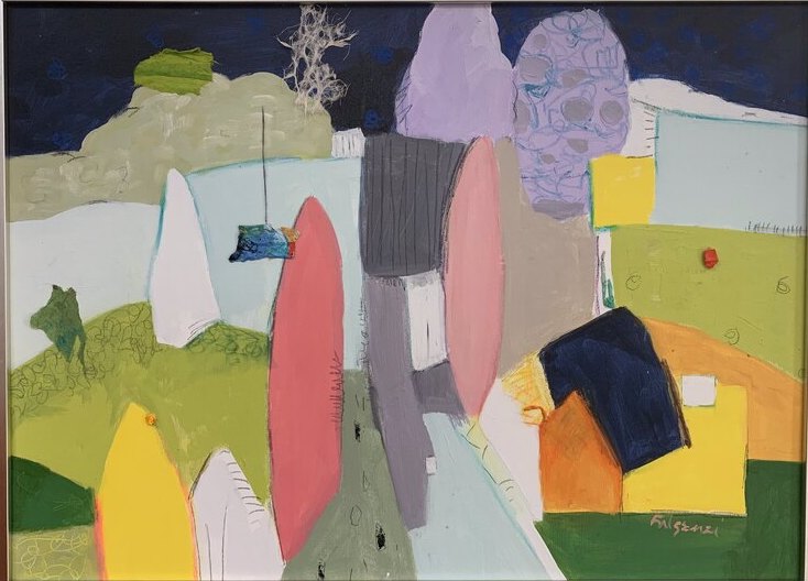 Abstract Landscape cityscape original painting by Maureen Fulgenzi — Greens (tropical) palette, Palm Beach, FL