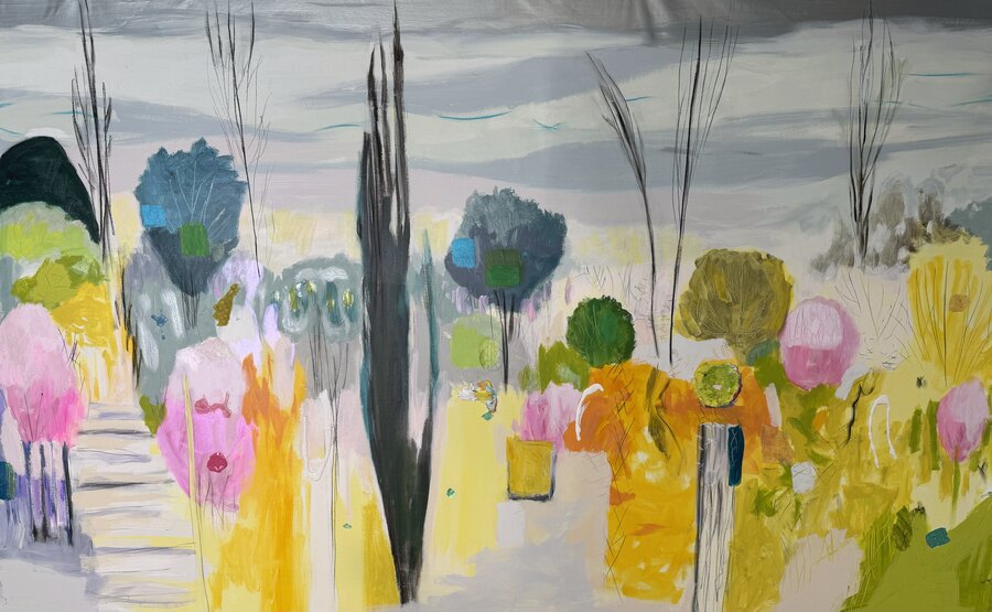 Abstract Landscape cityscape original painting by Maureen Fulgenzi — Greens (tropical) palette, Palm Beach, FL