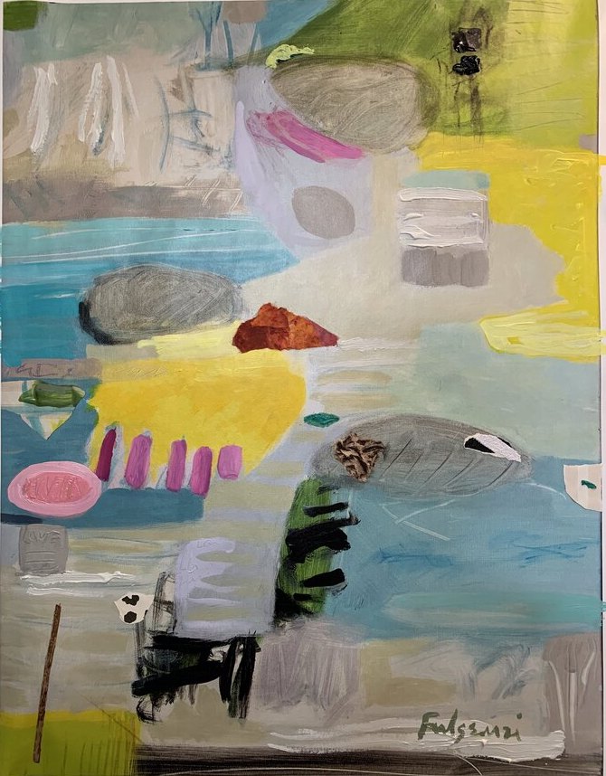 Abstract Landscape cityscape original painting by Maureen Fulgenzi — Greens (tropical) palette, Palm Beach, FL