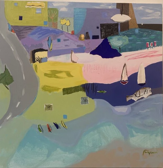 Abstract Landscape cityscape original painting by Maureen Fulgenzi — Greens (tropical) palette, Palm Beach, FL