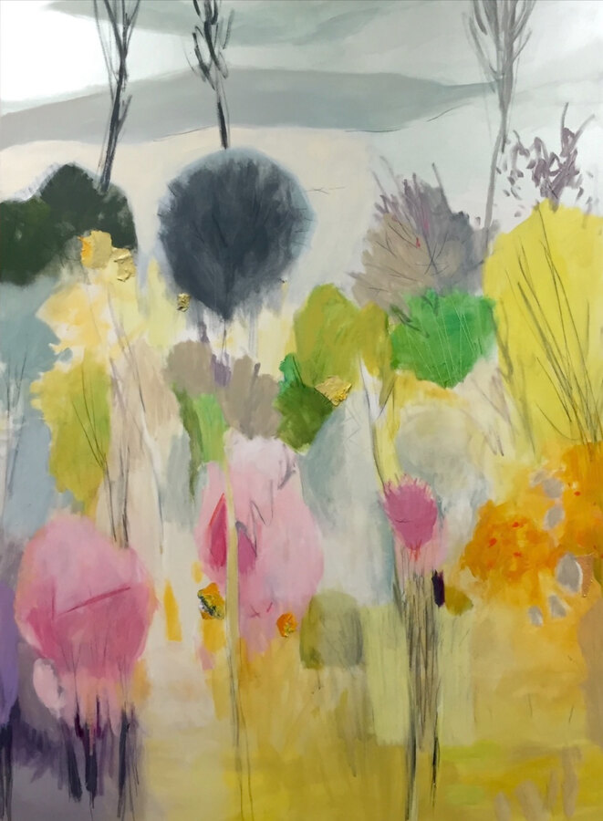 Abstract Landscape cityscape original painting by Maureen Fulgenzi — Greens (tropical) palette, Palm Beach, FL