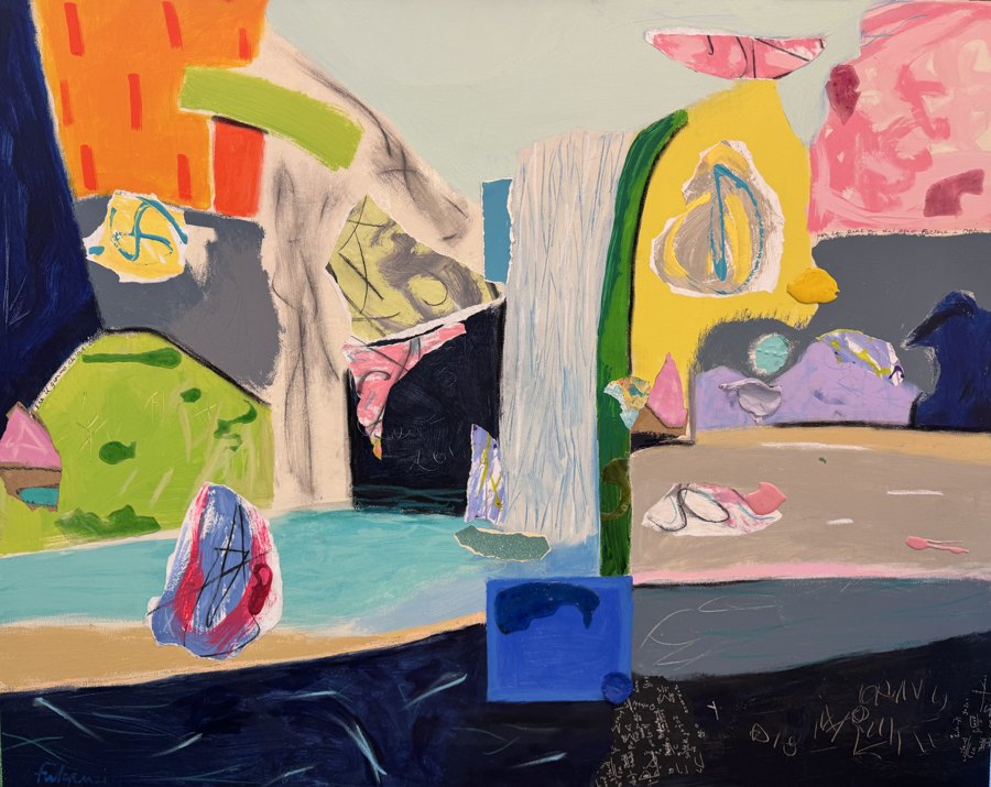 Abstract Landscape cityscape original painting by Maureen Fulgenzi — Greens (tropical) palette, Palm Beach, FL