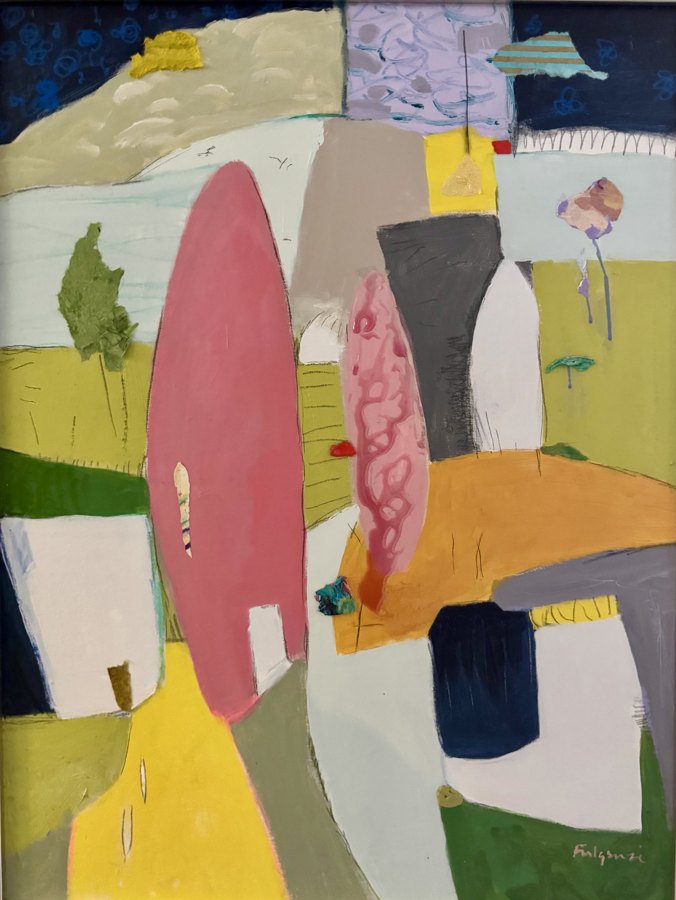 Abstract Landscape cityscape original painting by Maureen Fulgenzi — Greens (tropical) palette, Palm Beach, FL