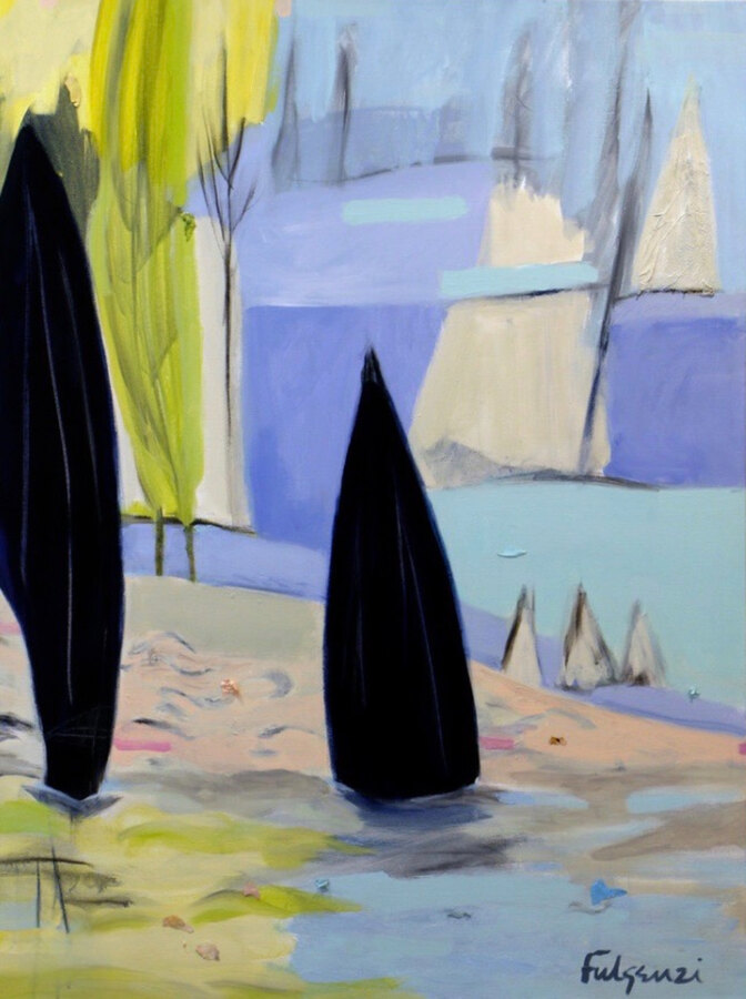 Abstract Sailboats water original painting by Maureen Fulgenzi — Blues & aquas palette, Palm Beach, FL