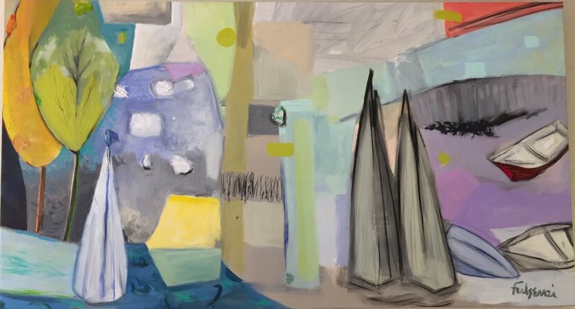 Abstract Sailboats water original painting by Maureen Fulgenzi — Greens (tropical) palette, Palm Beach, FL