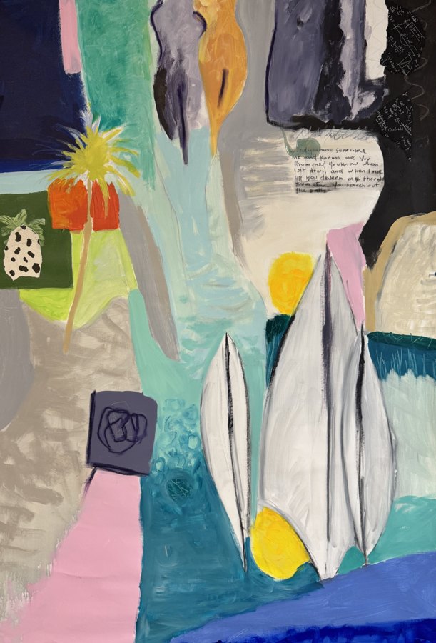 Abstract Sailboats water original painting by Maureen Fulgenzi — Greens (tropical) palette, Palm Beach, FL