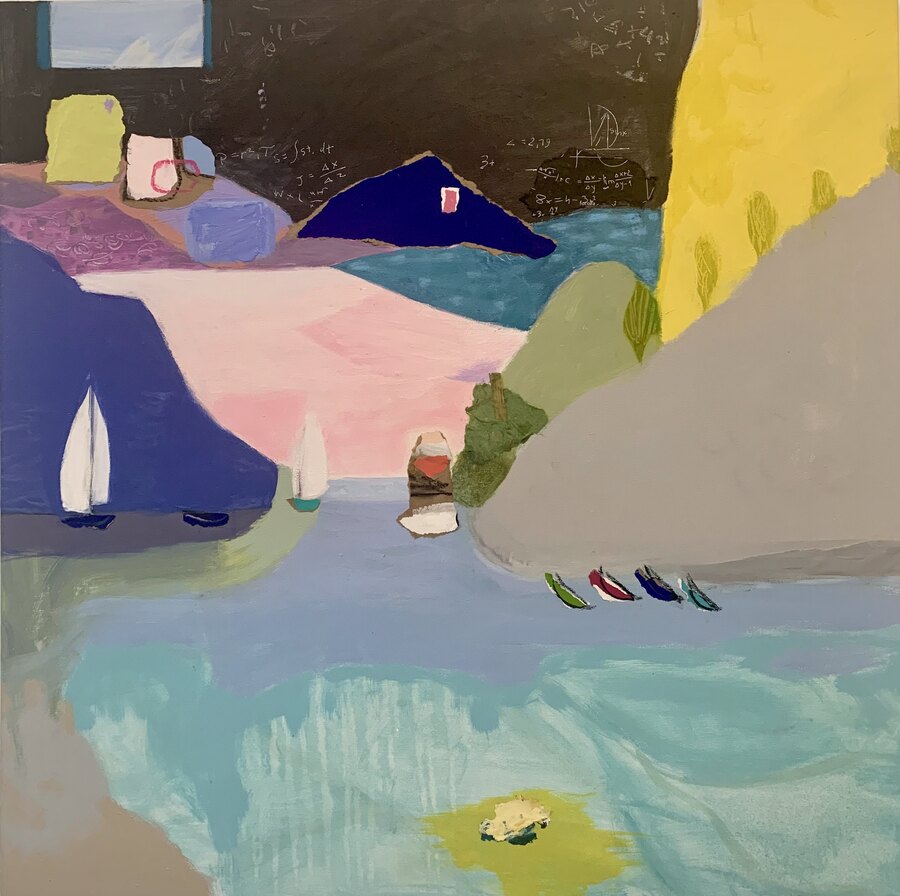 Abstract Sailboats water original painting by Maureen Fulgenzi — Greens (tropical) palette, Palm Beach, FL