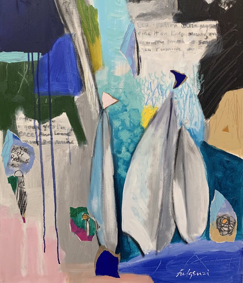 Abstract Sailboats water original painting by Maureen Fulgenzi — Greens (tropical) palette, Palm Beach, FL