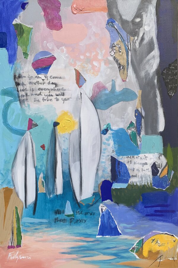 Abstract sailboats and water original painting by Maureen Fulgenzi — blues and aquas palette, Palm Beach, FL