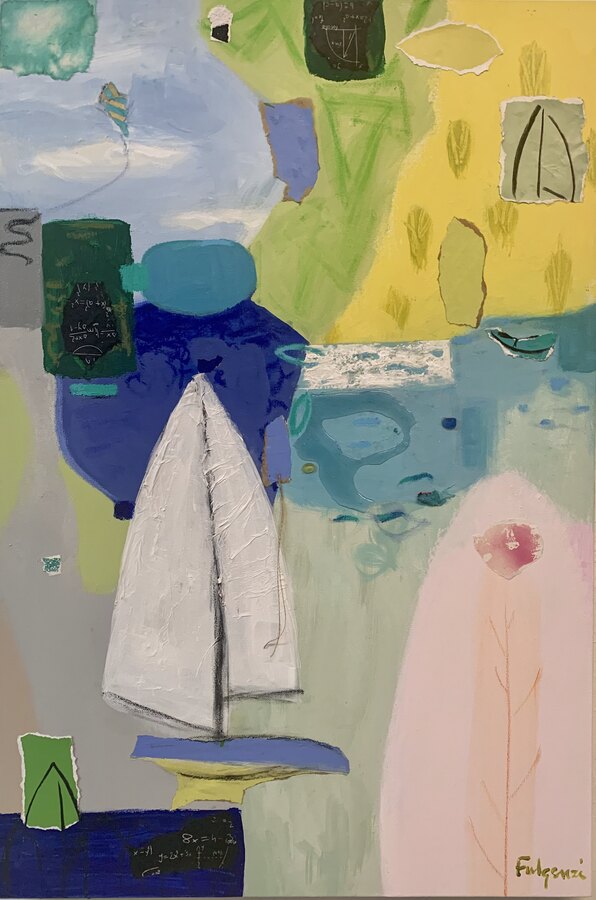 Abstract Sailboats water original painting by Maureen Fulgenzi — Greens (tropical) palette, Palm Beach, FL