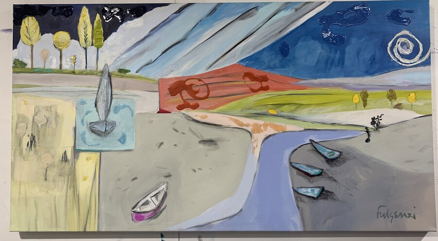 Abstract Sailboats water original painting by Maureen Fulgenzi — Greens (tropical) palette, Palm Beach, FL