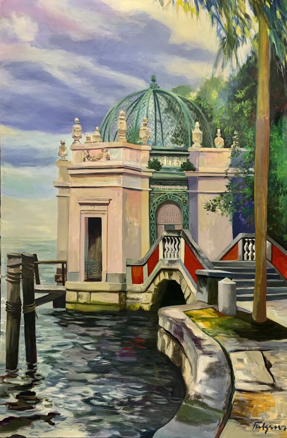 Realistic impressionistic Architecture original painting by Maureen Fulgenzi — Greens (tropical) palette, Palm Beach, FL