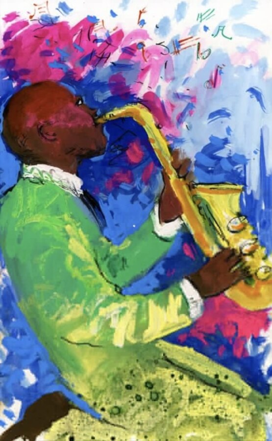 Expressive Jazz music original painting by Maureen Fulgenzi — Blues & aquas palette, Palm Beach, FL