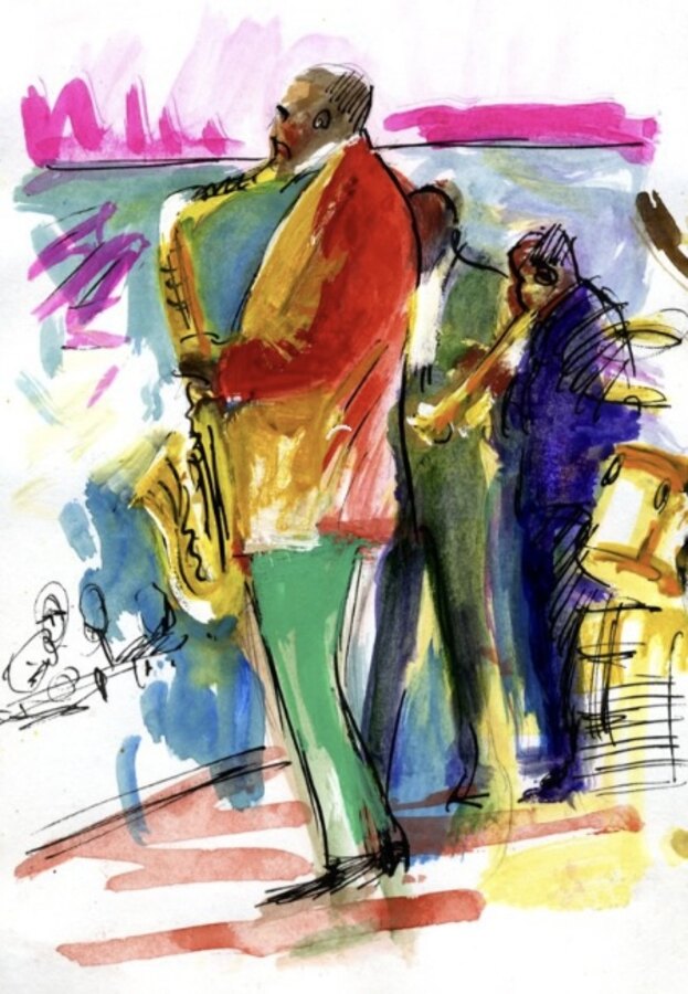 Expressive Jazz music original painting by Maureen Fulgenzi — Greens (tropical) palette, Palm Beach, FL