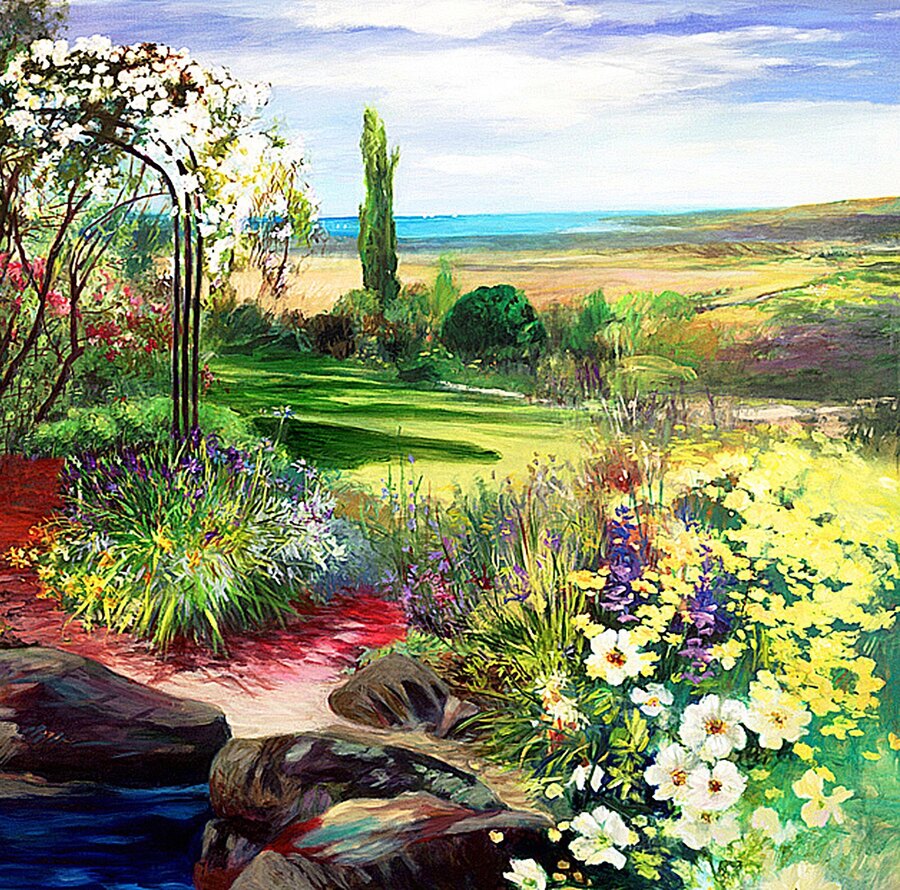 Impressionistic Landscape original painting by Maureen Fulgenzi — Greens (tropical) palette, Palm Beach, FL