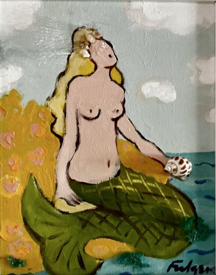 Folk tropical Mermaids original painting by Maureen Fulgenzi — Mixed palette, Palm Beach, FL