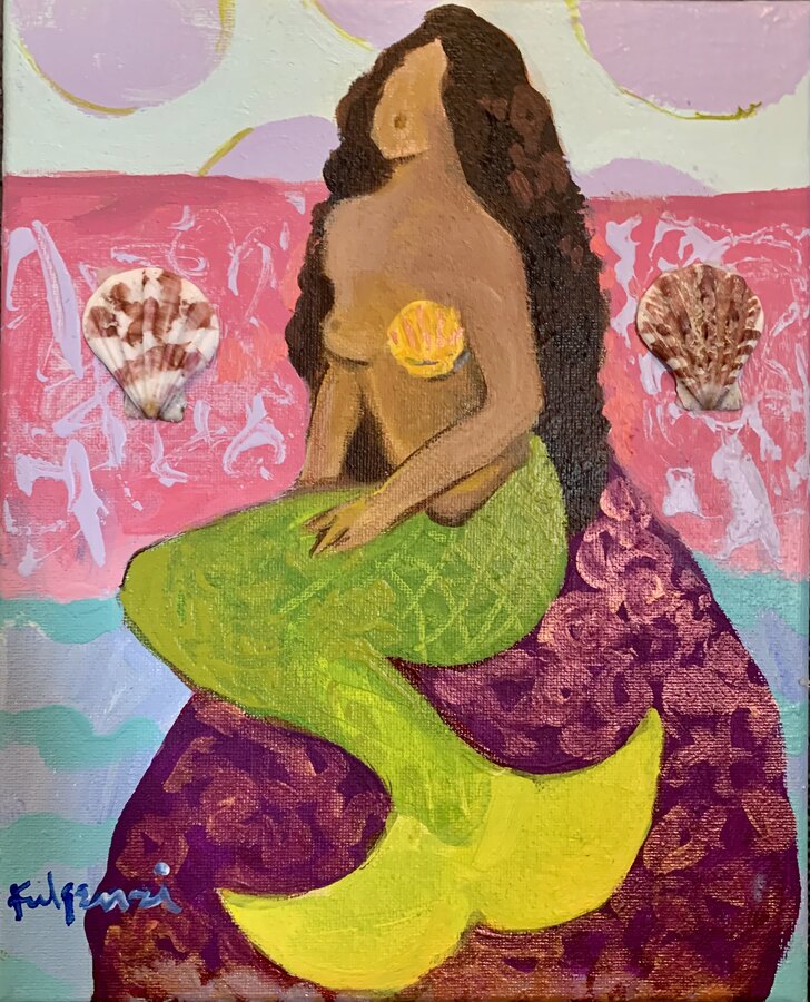 Folk tropical Mermaids original painting by Maureen Fulgenzi — Blues & aquas palette, Palm Beach, FL