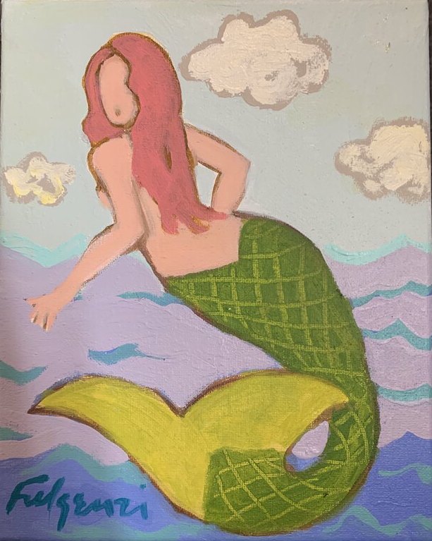 Folk tropical Mermaids original painting by Maureen Fulgenzi — Greens (tropical) palette, Palm Beach, FL