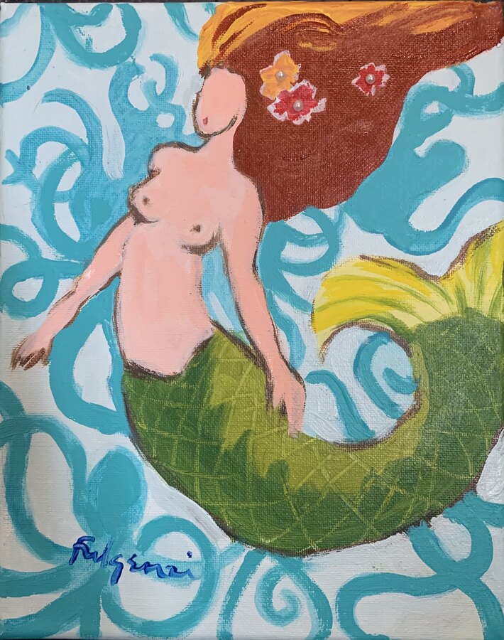 Folk tropical Mermaids original painting by Maureen Fulgenzi — Greens (tropical) palette, Palm Beach, FL