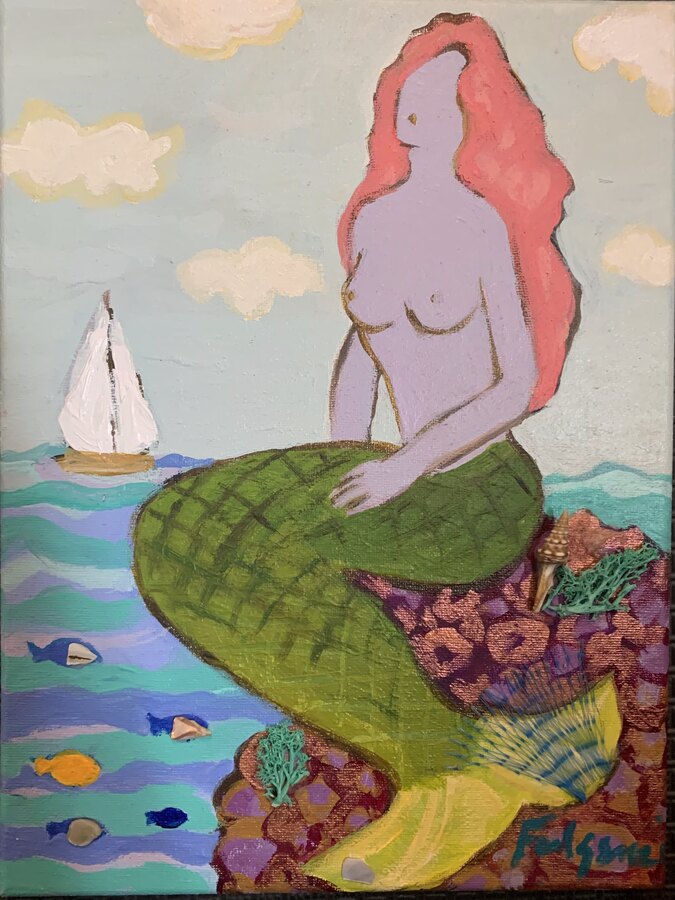 Folk tropical Mermaids original painting by Maureen Fulgenzi — Greens (tropical) palette, Palm Beach, FL