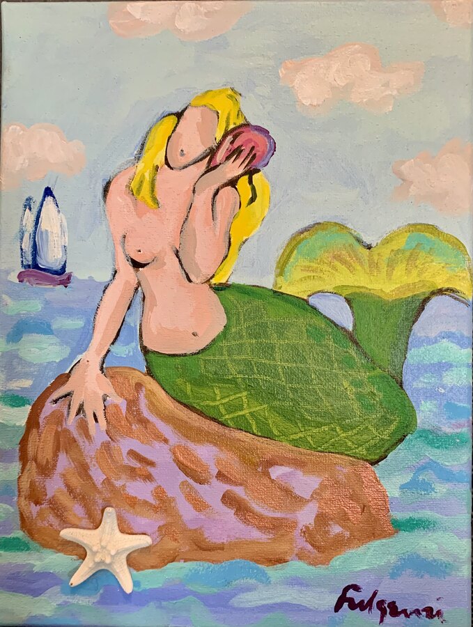 Folk tropical Mermaids original painting by Maureen Fulgenzi — Greens (tropical) palette, Palm Beach, FL