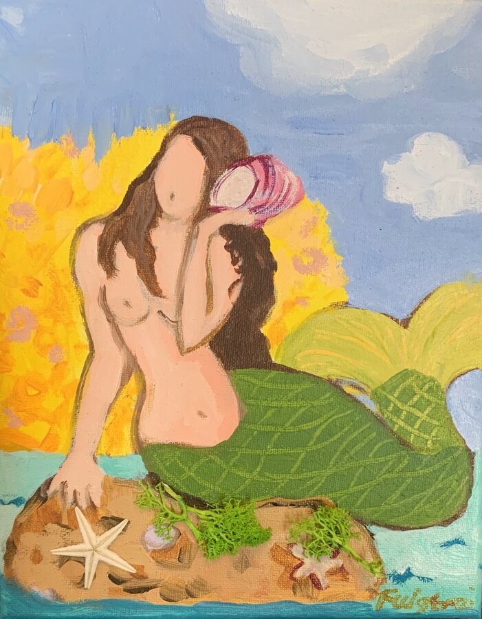 Folk tropical Mermaids original painting by Maureen Fulgenzi — Greens (tropical) palette, Palm Beach, FL