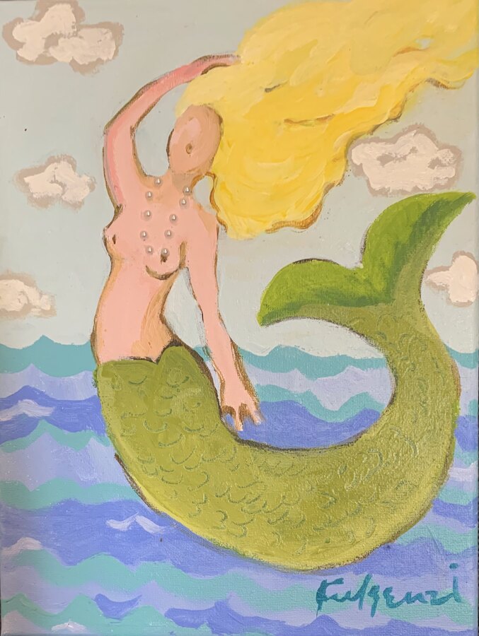 Folk tropical Mermaids original painting by Maureen Fulgenzi — Greens (tropical) palette, Palm Beach, FL