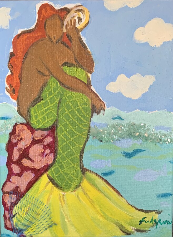 Folk tropical Mermaids original painting by Maureen Fulgenzi — Greens (tropical) palette, Palm Beach, FL