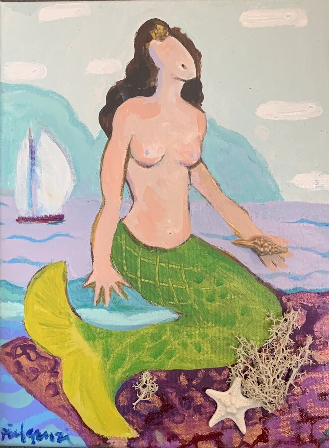 Folk tropical Mermaids original painting by Maureen Fulgenzi — Greens (tropical) palette, Palm Beach, FL