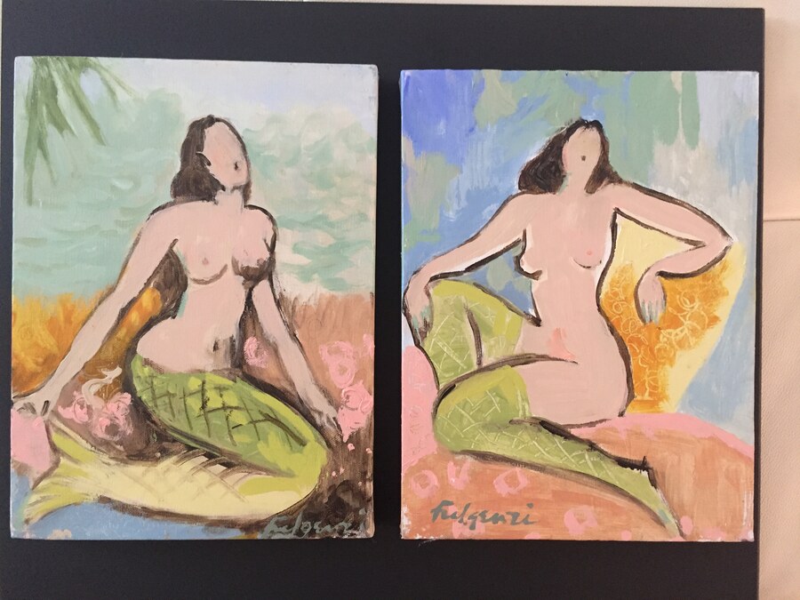 Folk tropical Mermaids original painting by Maureen Fulgenzi — Greens (tropical) palette, Palm Beach, FL