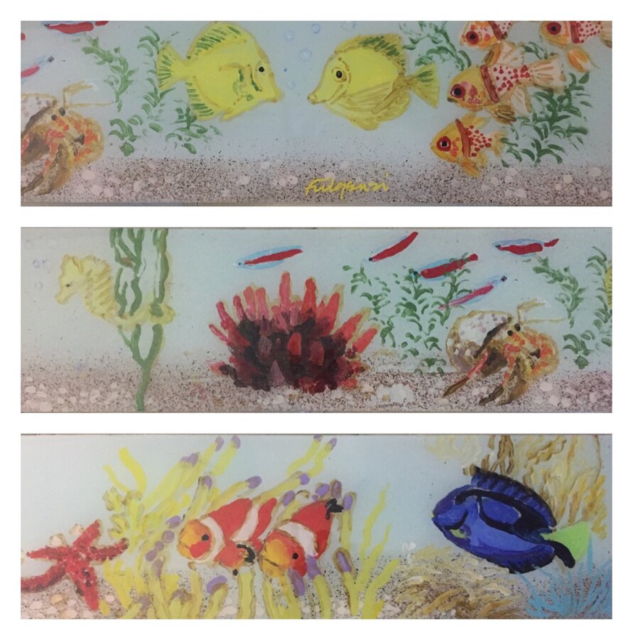 Mixed media (plexiglass) sea life underwater painting, full 3-section piece, by Maureen Fulgenzi — Neutral / muted palette, Palm Beach, FL
