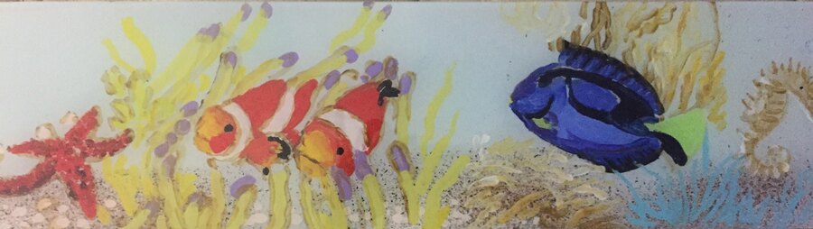 Mixed media (plexiglass) sea life underwater painting, bottom section detail with clownfish, by Maureen Fulgenzi — Neutral / muted palette, Palm Beach, FL