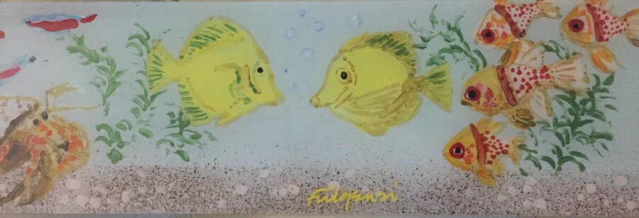 Mixed media (plexiglass) sea life underwater painting, top section detail with yellow tangs, by Maureen Fulgenzi — Neutral / muted palette, Palm Beach, FL
