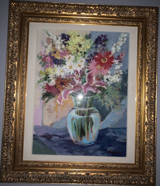 Impressionistic botanical Flowers original painting by Maureen Fulgenzi — Greens (tropical) palette, Palm Beach, FL