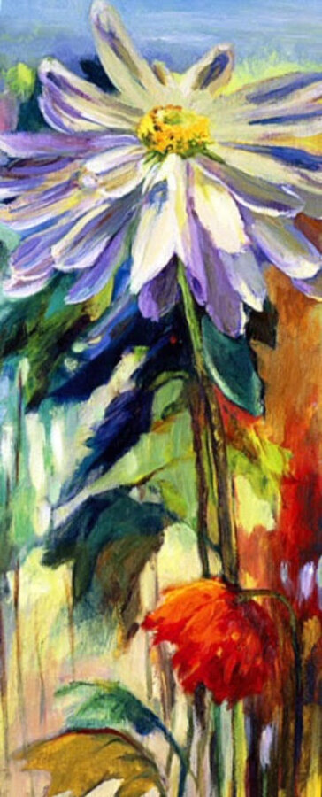 Impressionistic botanical Flowers original painting by Maureen Fulgenzi — Greens (tropical) palette, Palm Beach, FL