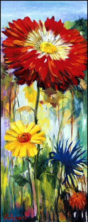 Impressionistic botanical Flowers original painting by Maureen Fulgenzi — Greens (tropical) palette, Palm Beach, FL