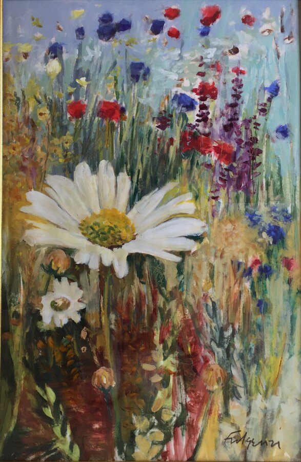 Impressionistic botanical Flowers original painting by Maureen Fulgenzi — wildflower field with daisy, palette, Palm Beach, FL
