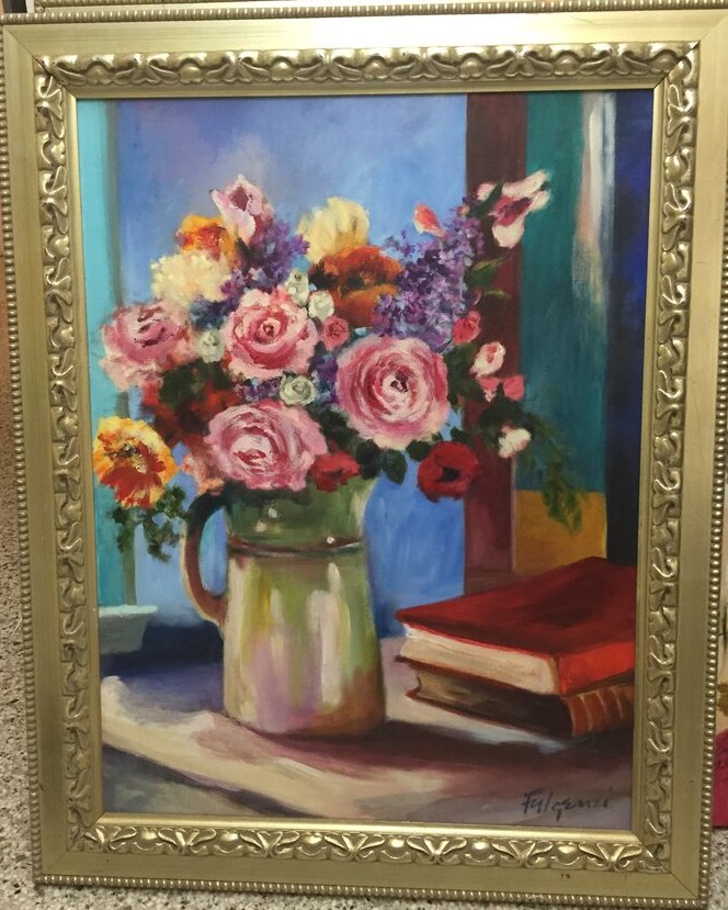 Impressionistic botanical Flowers original painting by Maureen Fulgenzi — Greens (tropical) palette, Palm Beach, FL