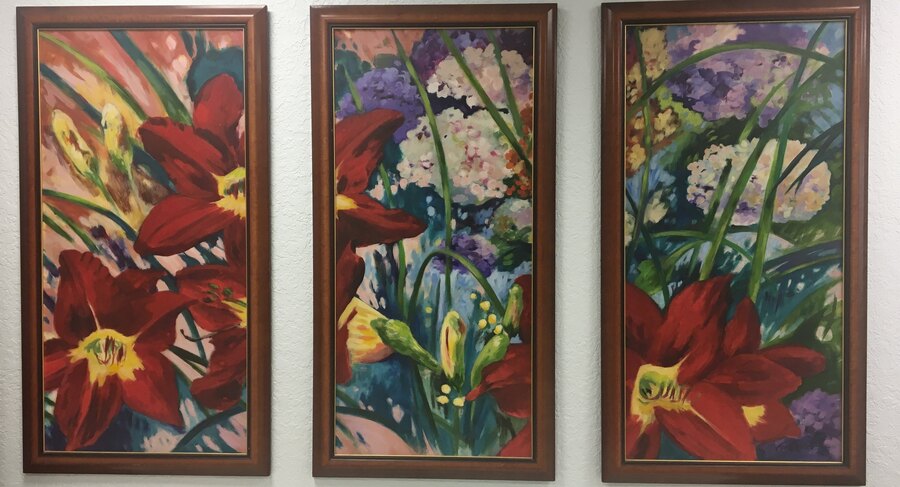 Three-panel impressionistic red lily and hydrangea floral triptych, all panels together, by Maureen Fulgenzi — mixed warm and cool palette, Palm Beach, FL