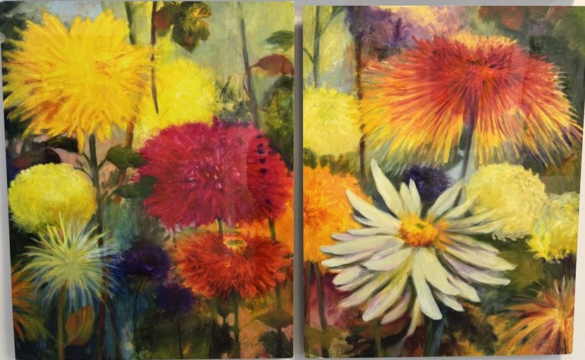 Impressionistic botanical Flowers original painting by Maureen Fulgenzi — Greens (tropical) palette, Palm Beach, FL