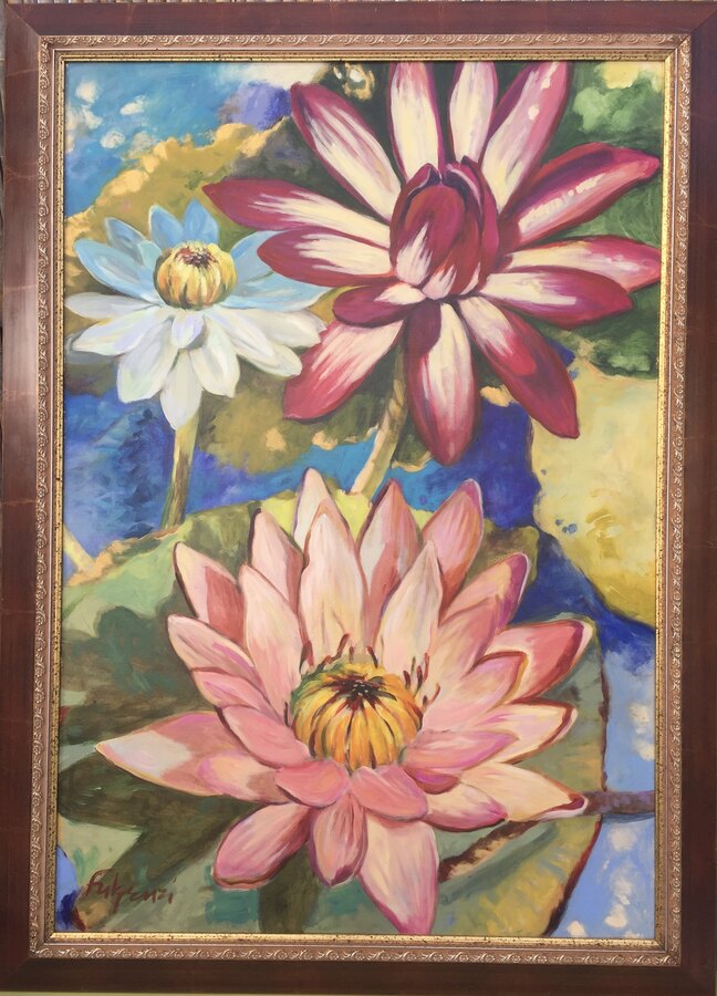Impressionistic botanical Flowers original painting by Maureen Fulgenzi — Greens (tropical) palette, Palm Beach, FL