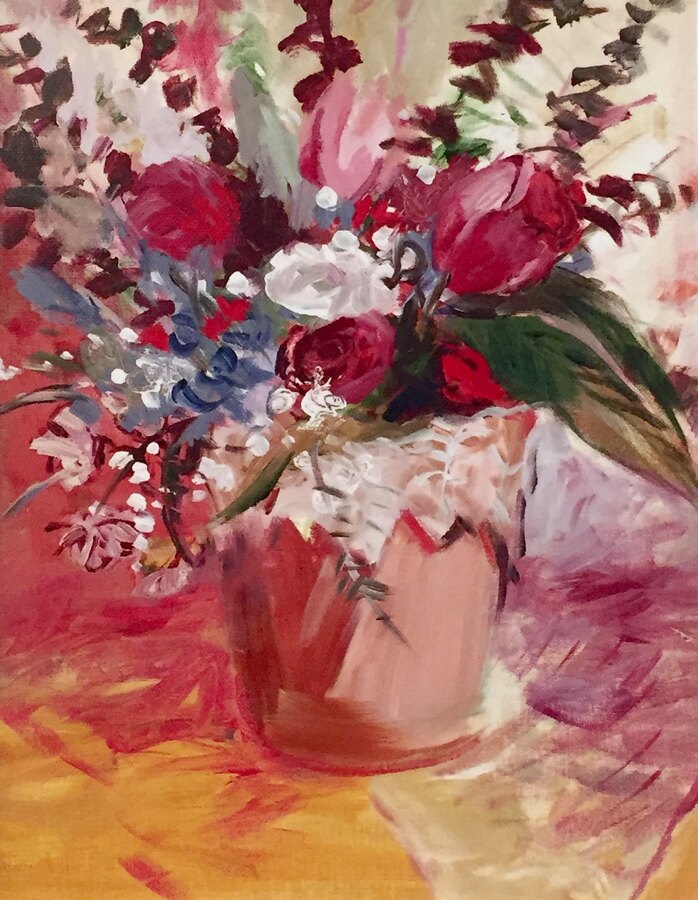 Impressionistic botanical Flowers original painting by Maureen Fulgenzi — Greens (tropical) palette, Palm Beach, FL