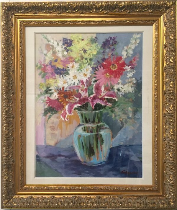 Impressionistic botanical Flowers original painting by Maureen Fulgenzi — Greens (tropical) palette, Palm Beach, FL