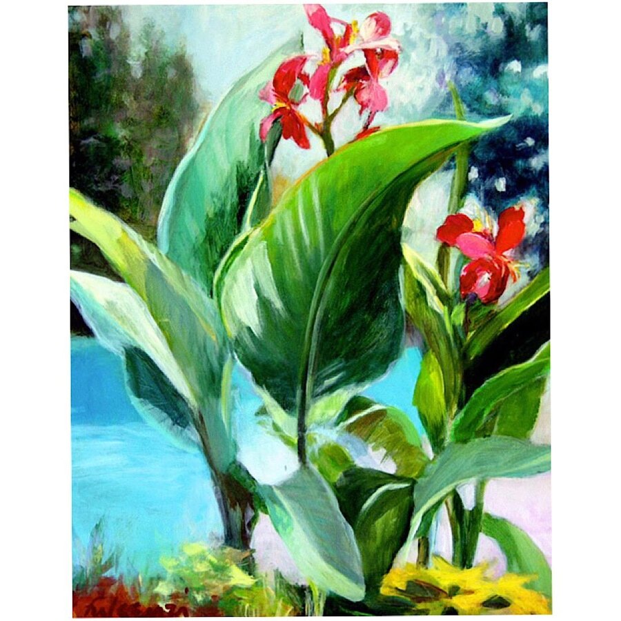Impressionistic botanical Flowers original painting by Maureen Fulgenzi — Greens (tropical) palette, Palm Beach, FL