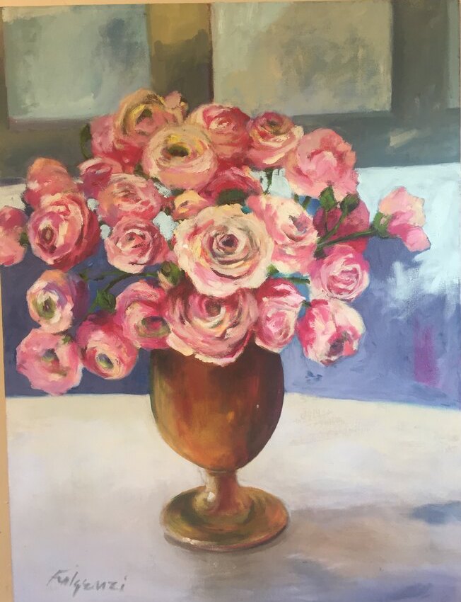 Impressionistic botanical Flowers original painting by Maureen Fulgenzi — Greens (tropical) palette, Palm Beach, FL