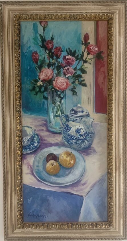 Impressionistic botanical Flowers original painting by Maureen Fulgenzi — Greens (tropical) palette, Palm Beach, FL