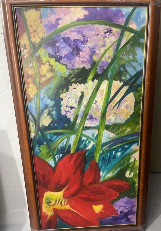 Impressionistic red lily and hydrangea floral painting, right panel detail, by Maureen Fulgenzi — mixed warm and cool palette, Palm Beach, FL