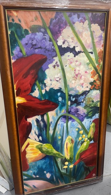 Impressionistic red lily and hydrangea floral painting, center panel detail, by Maureen Fulgenzi — mixed warm and cool palette, Palm Beach, FL