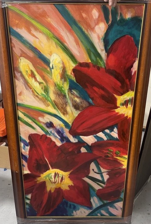 Impressionistic red lily floral painting, left panel detail on a coral background, by Maureen Fulgenzi — mixed warm and cool palette, Palm Beach, FL