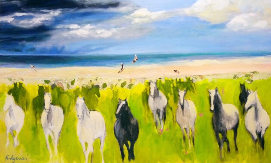 Impressionistic Horses original painting by Maureen Fulgenzi — Greens (tropical) palette, Palm Beach, FL